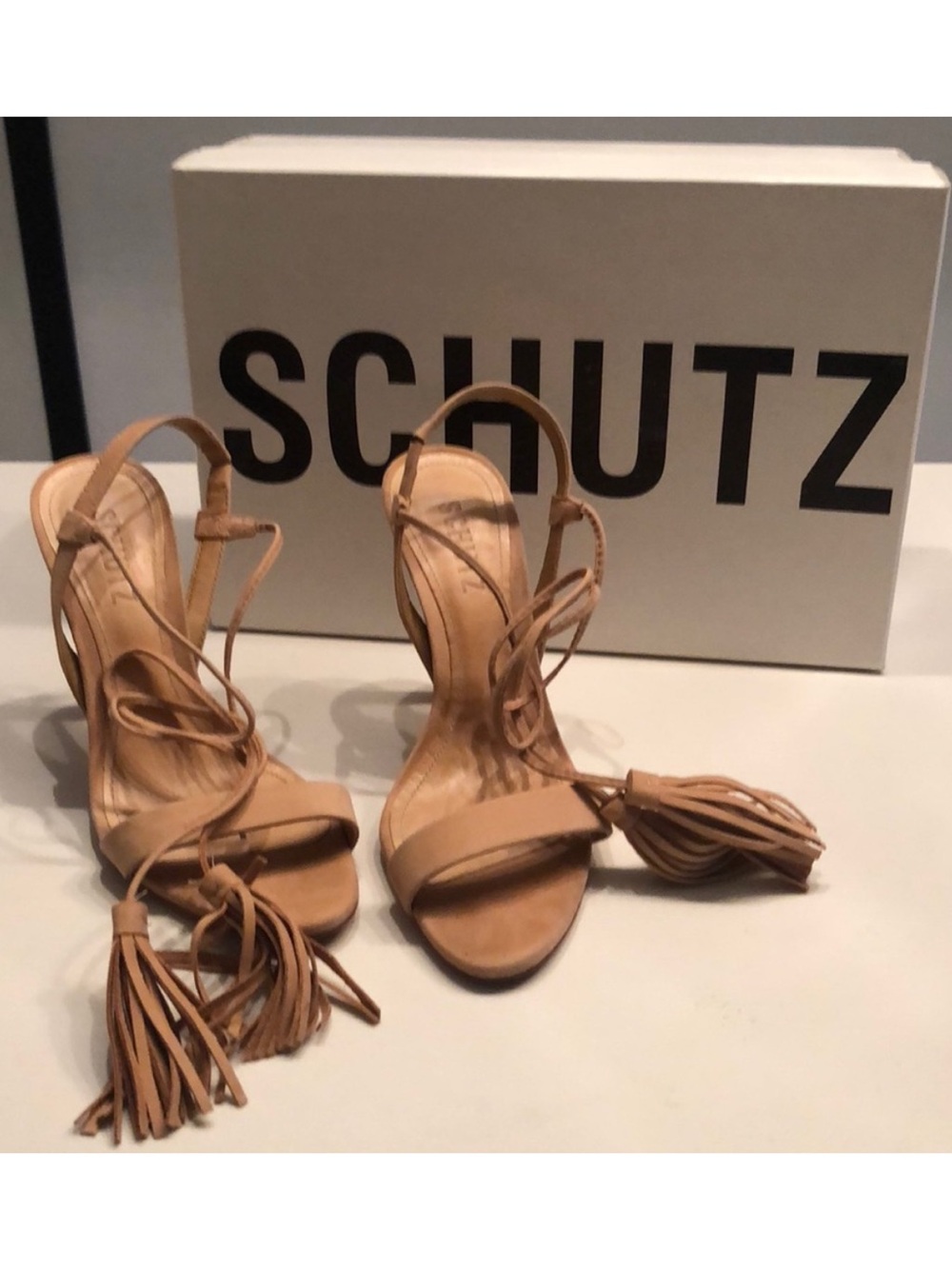 SCHUTZ Tan Strappy Tassel High Heel Sandals
